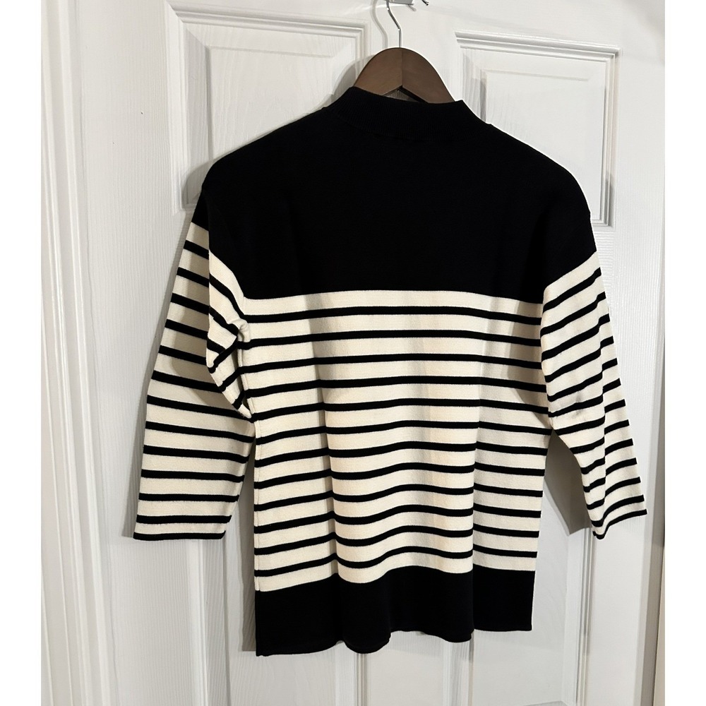 Talbots Nautical Stripe Mock Neck Sweater 3/4 Sleeve Pearl Button Black White - Picture 2 of 2